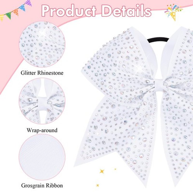 CN 10PCS Rhinestones Cheer Bows for Cheerleaders, White Glitter Hair Bows for Girls Large Elastic Ponytail Holder, Hair Accessories for Women Teens for Softball Competition School Spirit