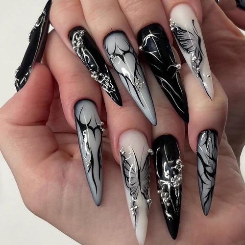 Tyuimhx Black Press on Nails Long Almond Fake Nails With Butterfly Heart Designs Pearls False Nails Full Cover Stick on Nails Acrylic Artificial Nails for Women Glue on Nails 24Pcs
