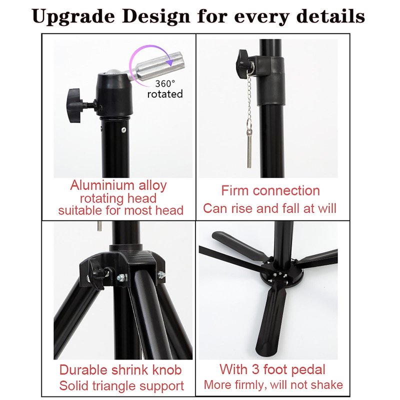 Upgraded Wig Stand Tripod, 55" Heavy Duty Reinforced Adjustable Mannequin Head Stand Tripod for Styling Cosmetology Hairdressing Training, Metal Wig Head Stand Holder with Wig Caps,Paddle Comb T-Pins (55" Black Tripod with Pedal)