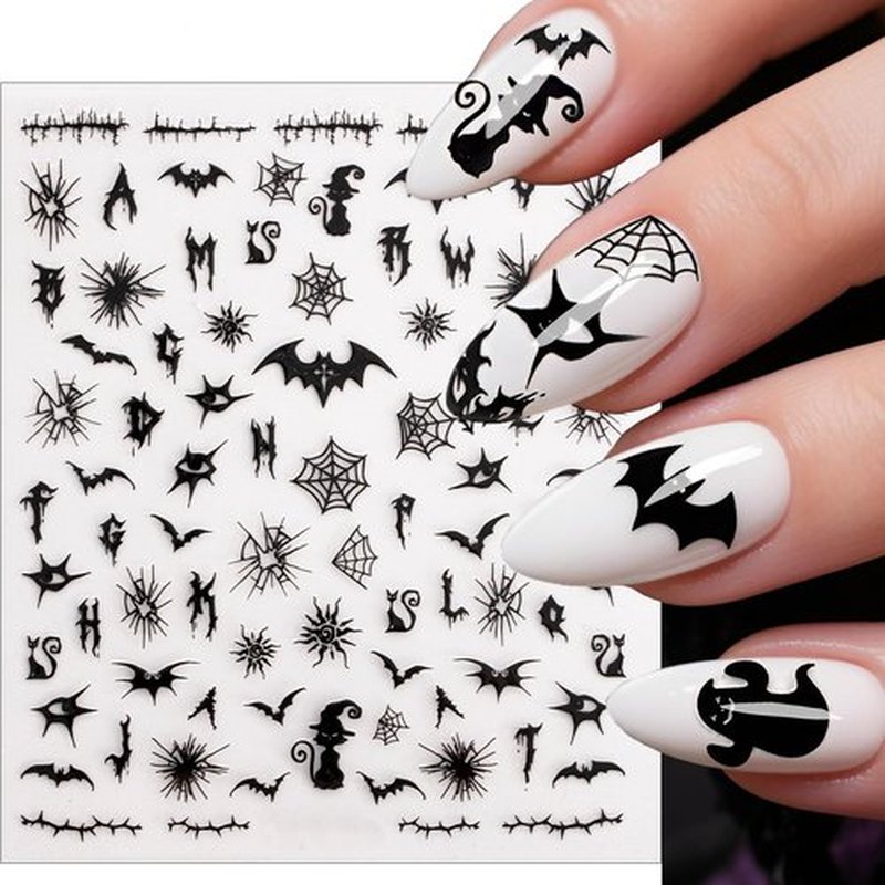 6 Sheets Halloween Nail Stickers – Black & White Holographic Gothic Ghost Skull Spider Web Nail Art Decals, Self-Adhesive Halloween Cute Manicure Decorations for Women Girls DIY Nail Art