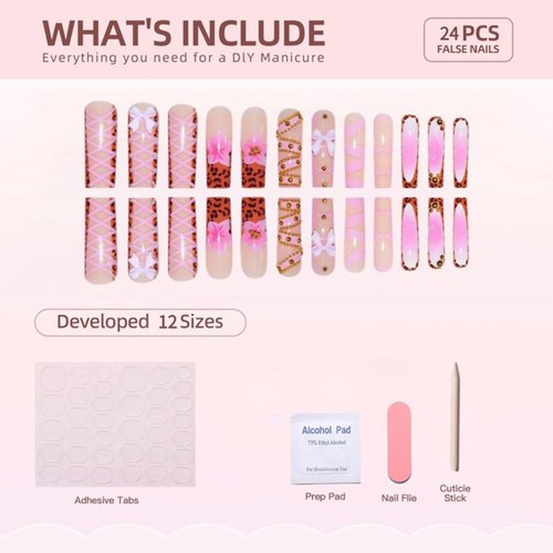 Long Press on Nails Square Fake Nails French Tip False Nails with 3D Bow Line Flower Designs Glue on Nail Glossy Acrylic Nails Full Cover Artificial Stick on Nail for Women 24Pcs