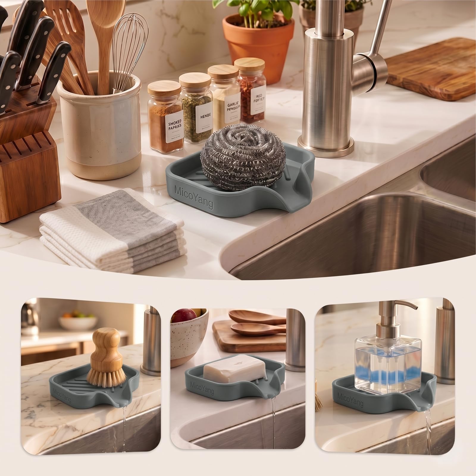MicoYang Silicone Soap Dish with Drain Spout, Self-Draining Sink Organizer Tray for Bathroom and Kitchen, Sponges, Dispensers and Soap Holder, Non-Slip and Dishwasher Safe, Grey (Compact, 4.9"×3.2")