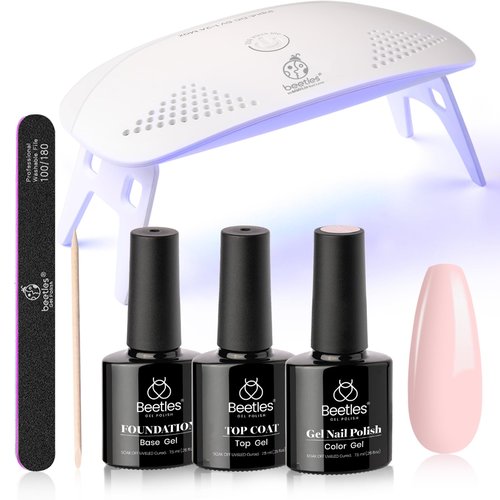 Beetles Nude Pink Gel Nail Polish Kit with UV LED Light Nail Lamp 6 Pcs Starter Kit Base Gel Top Coat Soak Off Nude Pink Polish Set with Nail File for DIY Manicure Gifts for Women