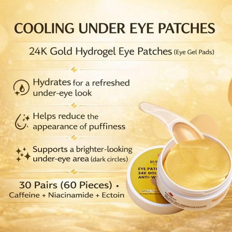 Rupachoice Under Eye Patches, 24K Gold Hydrogel Eye Patches with Caffeine + Niacinamide + Ectoin, Cooling Depuffing Eye Gel Pads for Dark Circles, 30 Pairs (60 Pieces)