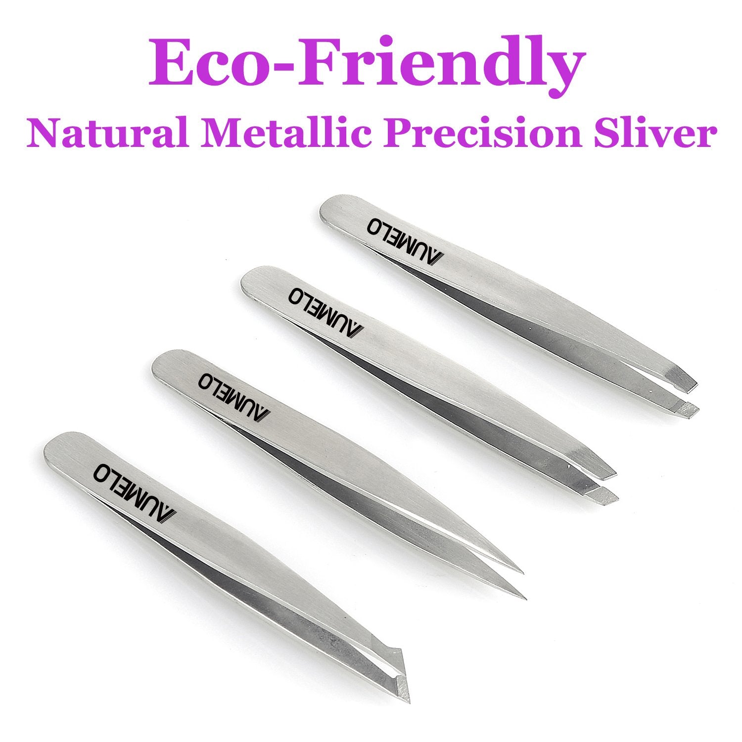 Tweezers Set 4-Piece Professional Stainless Steel Tweezers Gift with Travel Case by Aumelo - Best Precision Eyebrow and Splinter Ingrown Hair Removal Tweezer Tip,No Colored & Chemical Free