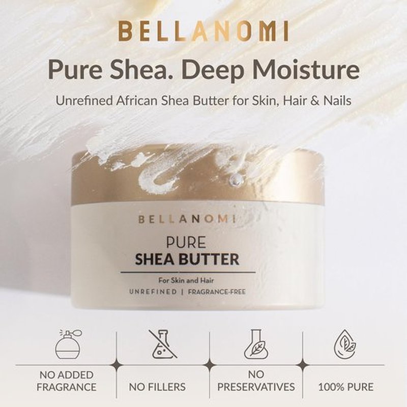Bellanomi 100% Pure African Raw Shea Butter for Hair & Skin, Organic Formula, Unscented, Moisturizing, Body Butter for Dry Skin, Hair and Nails (3.4 oz)