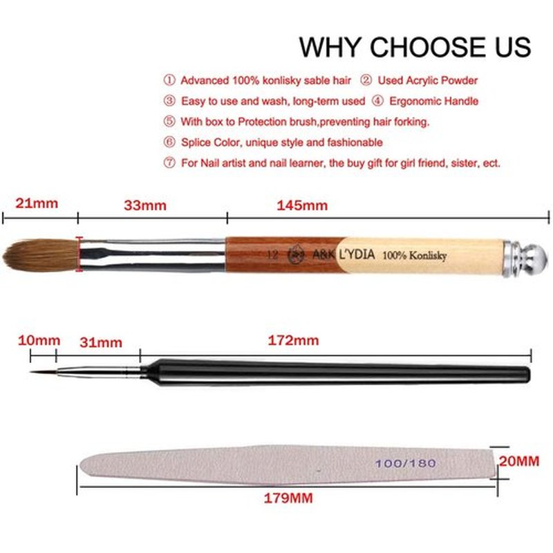 A&K LYDIA Acrylic Nail Brush for acrylic application Manicure crystal Powder Pedicure-2pcs Konlisky Sable hair Acrylic Nails Oval Nail Art Liner Brush With Stitching color Wooden handle