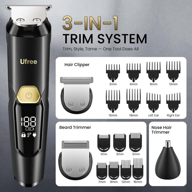 Ufree 3-in-1 Beard Trimmer for Men, Valentine Gifts for Men, IPX6 Waterproof Men's Electric Razor Shaver for Mustache, Professional Hair Trimmer Clippers, Type-C Body Grooming Kit