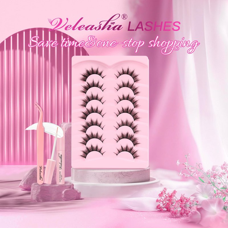 Veleasha Lashes Kit Manga Eyelashes Cat Eye Lashes Spiky Eyelash C Curl with Lash Glue & Tweezers Lash Wispy Natural Look False Eyelashes with Soft Cotton Band 7 Pairs Pack (Sunny Kit)