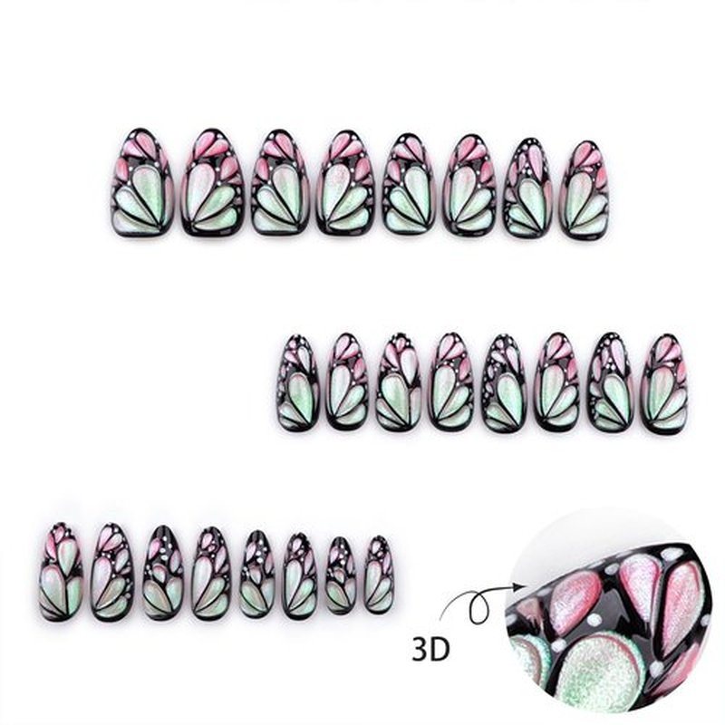 3D Butterfly Press on Nails Medium Almond Fake Nails With Pink Green Gradient Designs Butterfly False Nails Ombre Glue on Nails Full Cover Artificial Stick on Nails for Women 24 Pcs