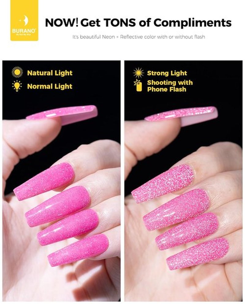 BURANO Hot Pink Reflective Glitter Gel Nail Polish - UV LED 7.3ml Holographic Sparkle for DIY Nails