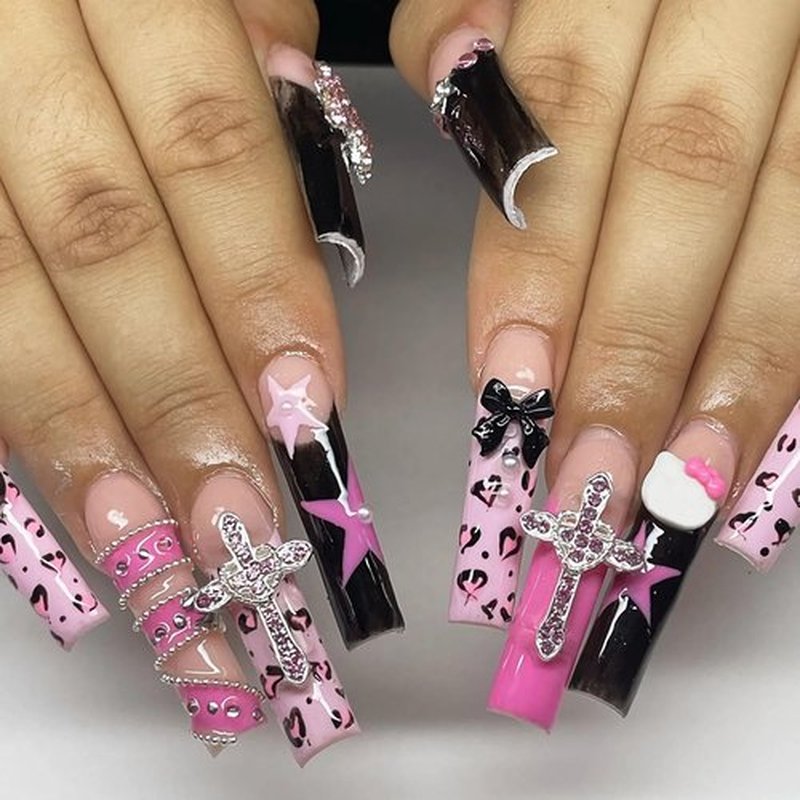 MISUD Press on Nails - Long Square Glue on Nails with Pink Black Cheetah, Acrylic Y2K Cross Design 24 pcs