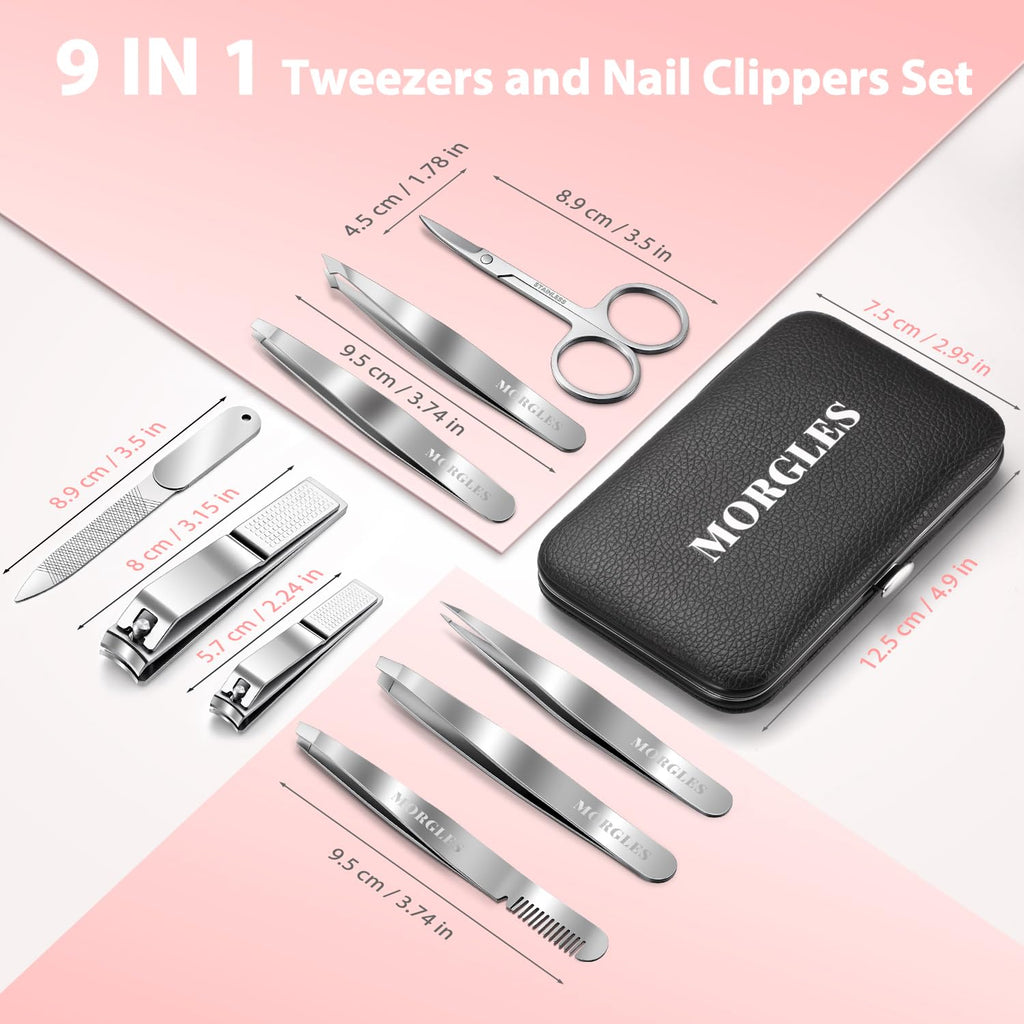 MORGLES Tweezers Set for Men 9 Pcs Nail Clipper Kit with Case for Grooming