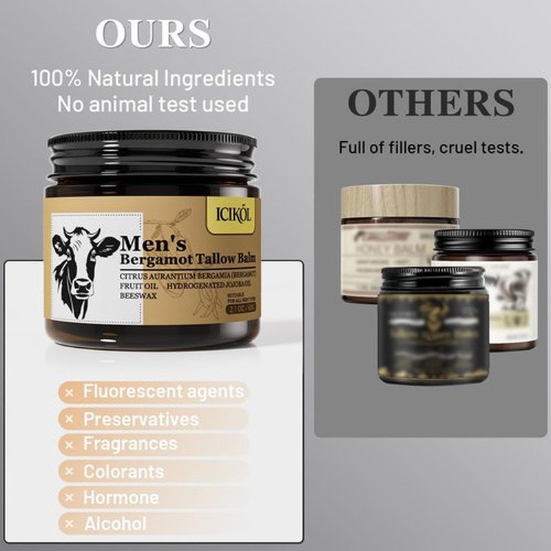 ICIKOL Grass-Fed Beef Tallow Balm for Men - Whipped Tallow Face Moisturizer & Beard Balm with Manuka Honey - Natural After Shave Care for Dry & Sensitive Skin, 2.1 oz