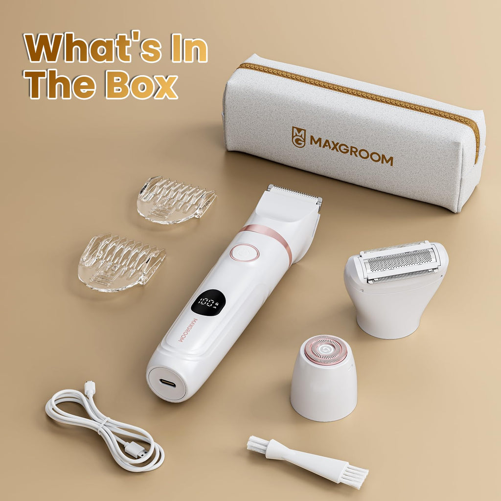 Bikini Trimmer for Women - MAXGROOM Waterproof Electric Razors for Women, Cordless Electric Shaver for Private Area with LED Display, USB Rechargeable & Travel Pouch, White