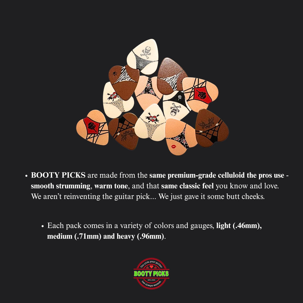 BOOTY PICKS Premium Celluloid BOOTY themed Guitar Picks, BOOTY PICKS Variety Pack with Novelty Designs, Light (.46mm), Medium (.71mm), Heavy (.96mm), (6 count)