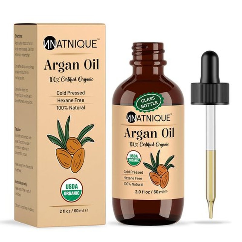 Natnique Organic Argan Oil, 2 oz – Pure Cold-Pressed Moroccan Oil from Morocco for Hair, Skin, Face & Nails – USDA Certified Organic, Virgin Aceite de Argan Cabello, Hexane-Free Moisturizer