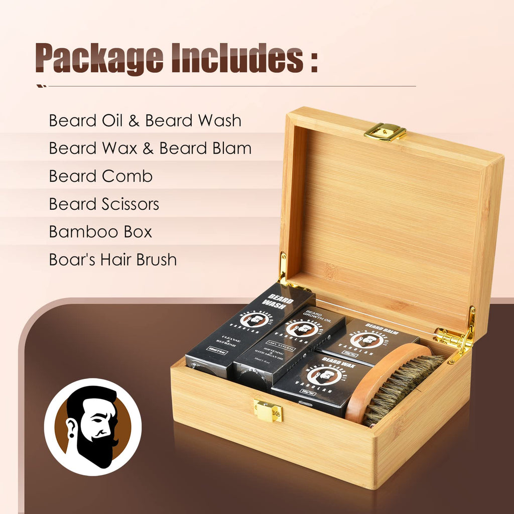 Varolan Beard Grooming Kit, Birthday Gifts for Men with Beard Oil, Balm, Brush, Wash, Wax, Comb, Scissors, 1 fl oz