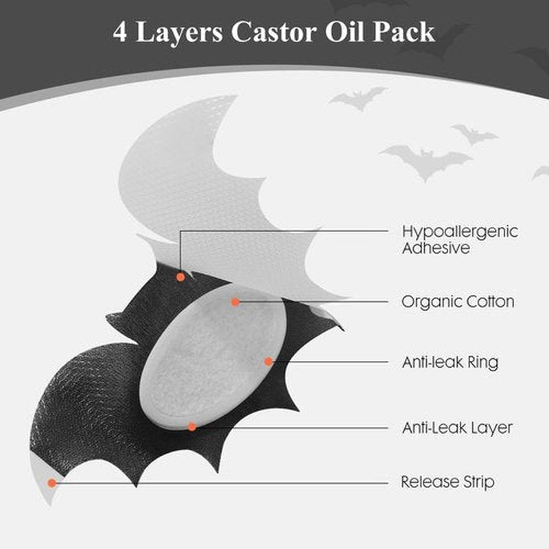 30Pcs Castor Oil Pack for Belly Button Set, Black Bat Shape Self-Adhesive Patches with 4oz Organic in Glass Bottle, Breathable Cotton Pads for Wellness