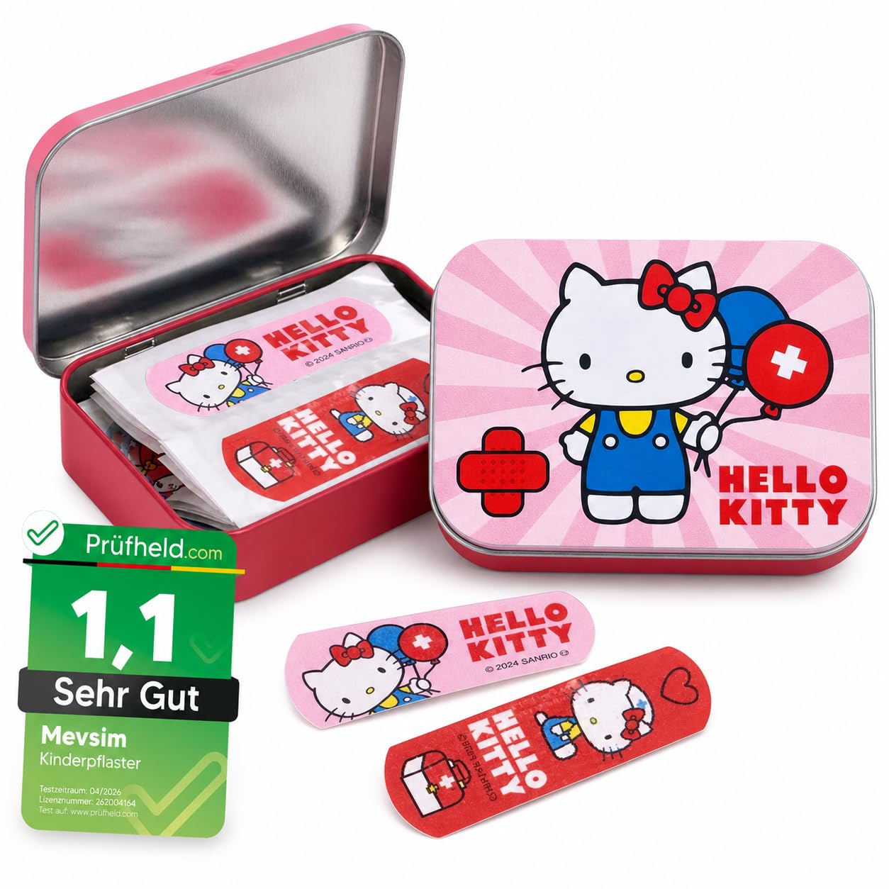 Hello Kitty Pink Kids Bandages – Licensed Metal Tin – 24 Colorful Plasters with Cute Design – Ideal for Backpack, Travel or Purse – First Aid Fun for Children – 1 Pack