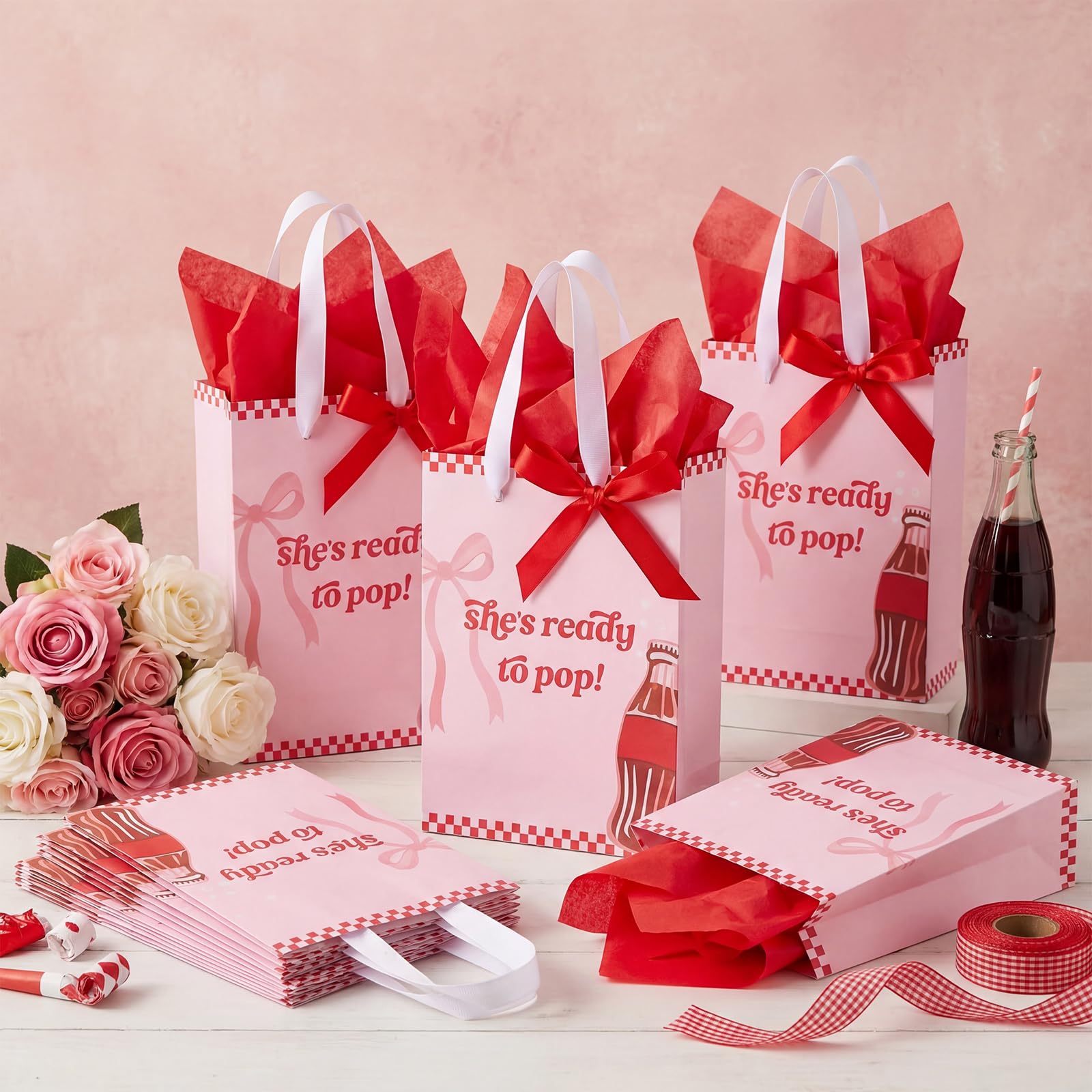 Willinglong 50 Packs She's Ready to Pop Baby Shower Gifts Bags Bulk Baby Shower Favor Bags with Handle Paper and 50 Sheets Decorative Tissue Paper for Guests Gifts Gender Reveal