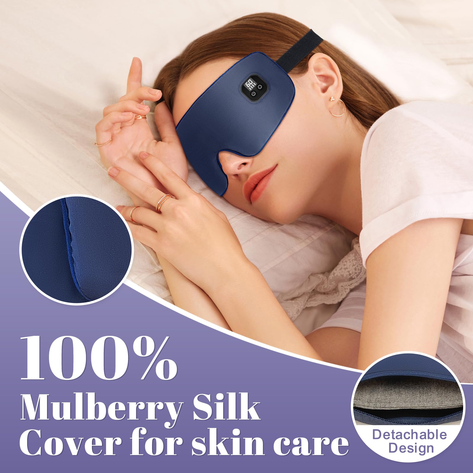Aroma Season Silk Heated Eye Mask Cordless, 1500mAh Warm Eye Compress for Dry Eyes, Blepharitis, 4 Time Levels and 4 Temperature Settings, Washable (Navy Blue)