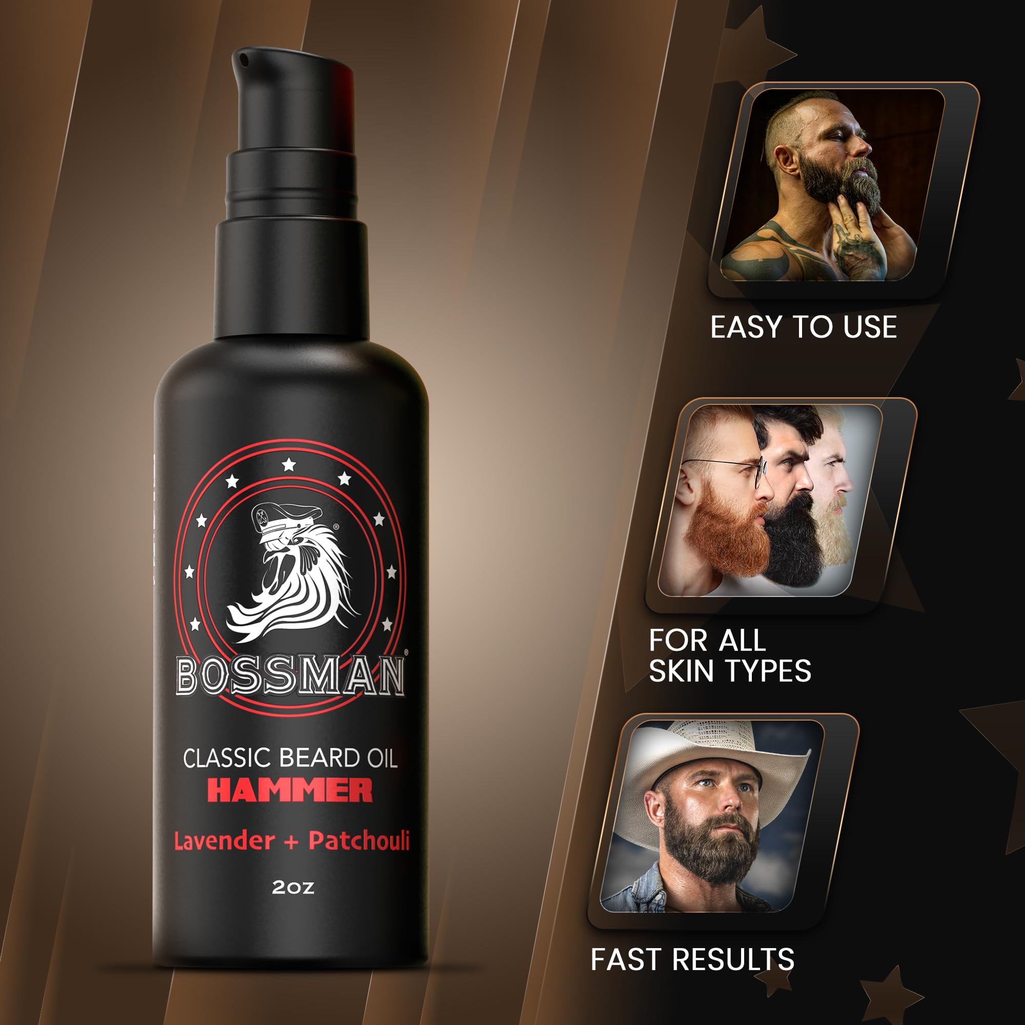 Bossman Organic Mustache & Beard Oil for Men, 2 oz – Natural Beard Moisturizer with Jojoba, Argan & Avocado Oils (Hammer Scent)