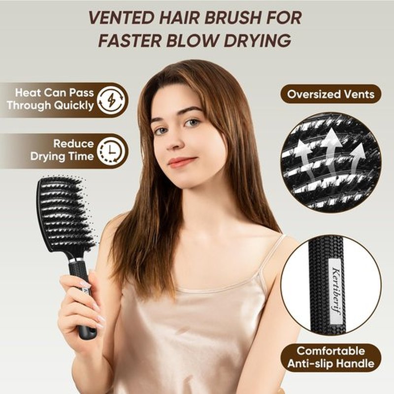 Kertiberif Boar Bristle Hair Brush 2PCS, Curved Vented Detangling Brush for Wet and Dry Hair, Styling Paddle Hairbrush for Women Men Kids Curly Straight Thick Long or Short Hair