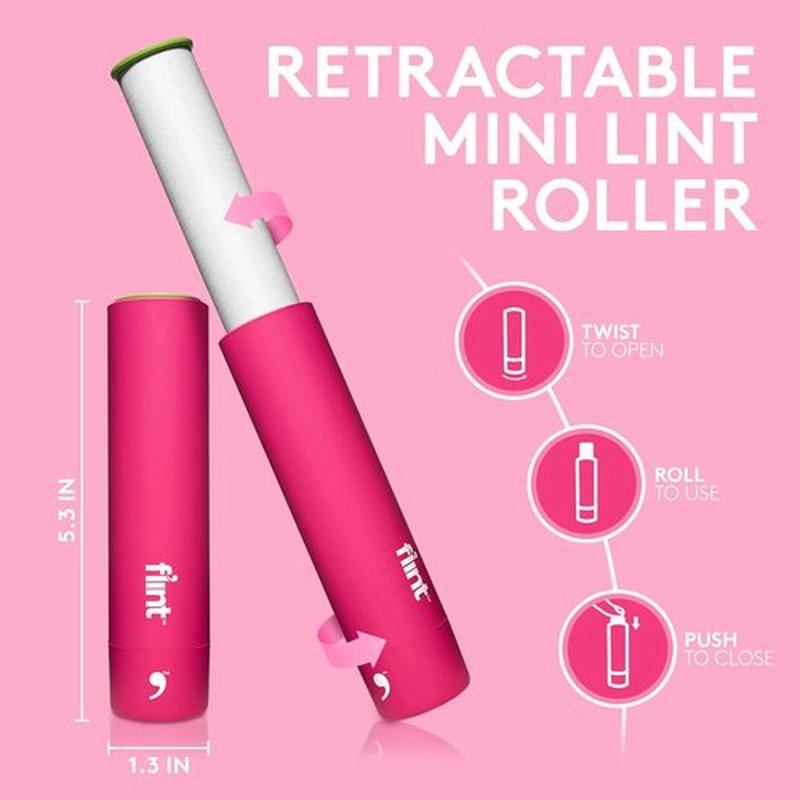 Flint Classic Mini Lint Roller - Portable Pink Design with 90 Extra Sticky Sheets | Ideal Pet Hair Remover