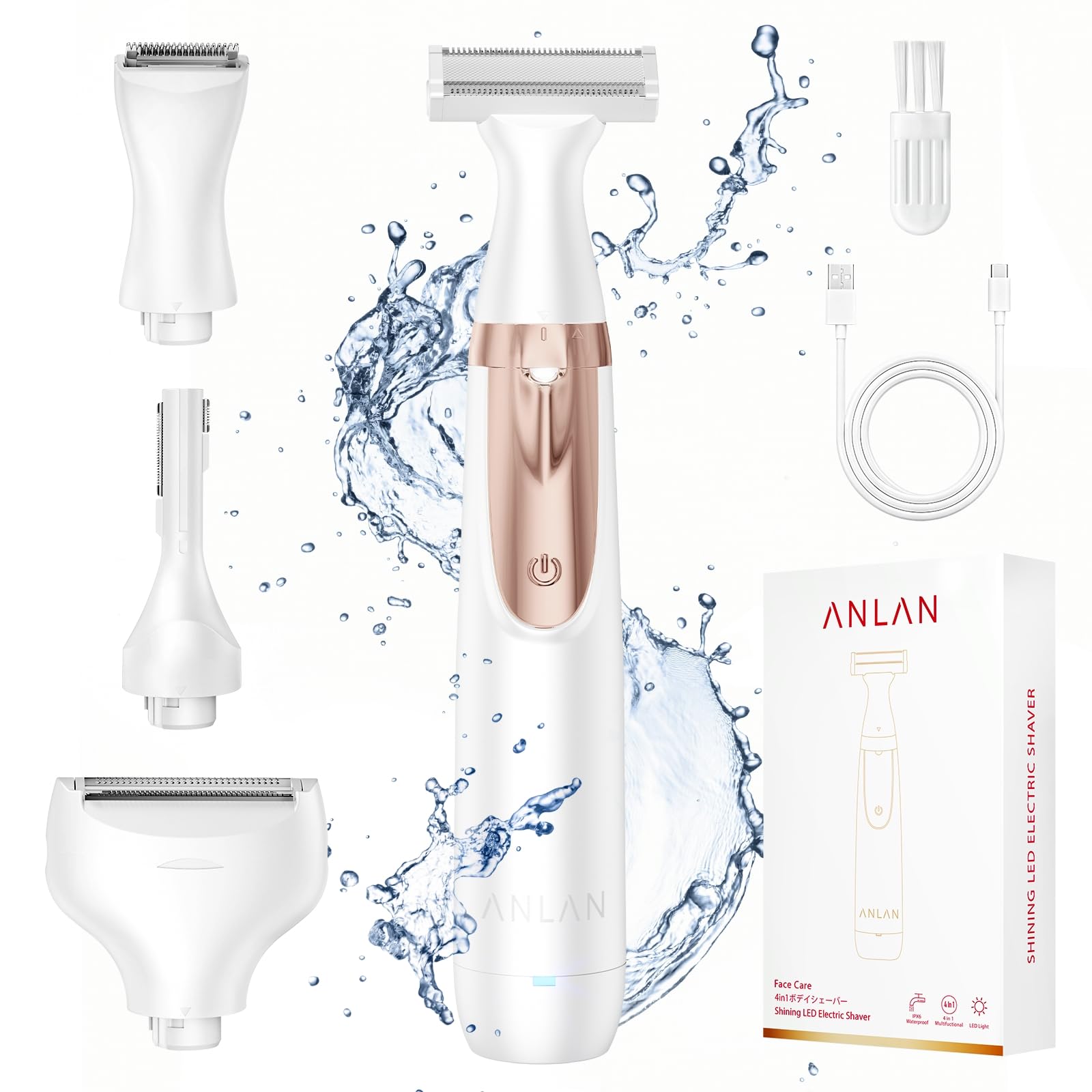 ANLAN 4-in-1 Painless Electric Razor for Women – Bikini Trimmer & Body Shaver with Ceramic Blade, Waterproof, Cordless Rechargeable for Legs, Armpit, Pubic Area, USB-C, Ideal Birthday Gift for Women