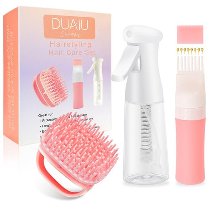 DUAIU Hair Oil Applicator with Continuous Spray Bottle Hair Scalp Massager, Silicone Root Comb Applicator Bottle Shampoo Brush and Mister Spray Bottles for Hair Dye and Hair Care