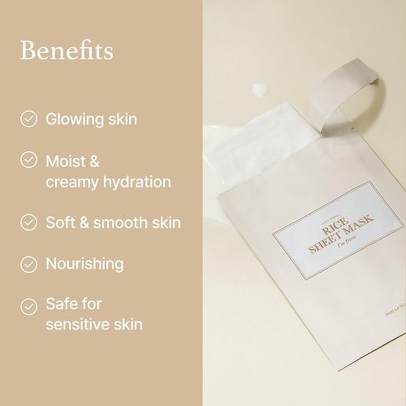 I'm from Rice Sheet Mask Pack of 5, Korean Rice Face Mask, Creamy Hydration for Dry, Combination Skin, Moist, Milky Essence, Biodegradable, Vegan, Hypoallergenic, 20ml
