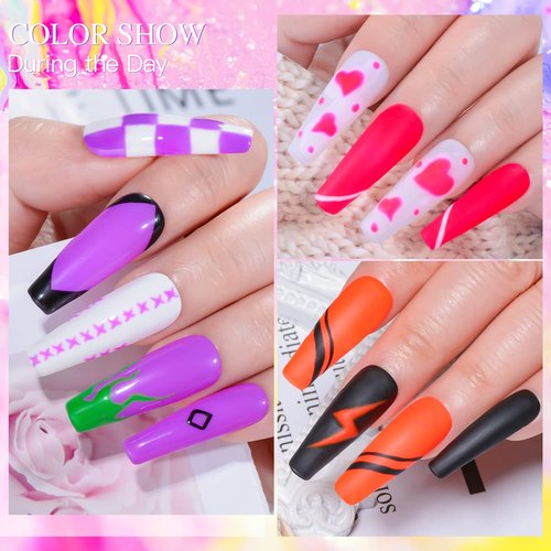 MSRUIOO Glow in the Dark Gel Nail Polish, 6 Colors Luminous Neon Gel Polish Set Fluorescent Bright Colors Hot Pink Yellow Purple Glow Effect Soak Off UV Gel Polish for DIY Nail Art Design