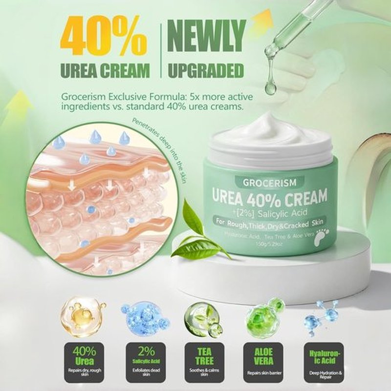 Grocerism Urea Cream 40% - Maximum Strength Foot & Hand Cream with Salicylic Acid, 5.29 oz | Deep Moisturizing Formula with Hyaluronic Acid, Tea Tree & Aloe Vera