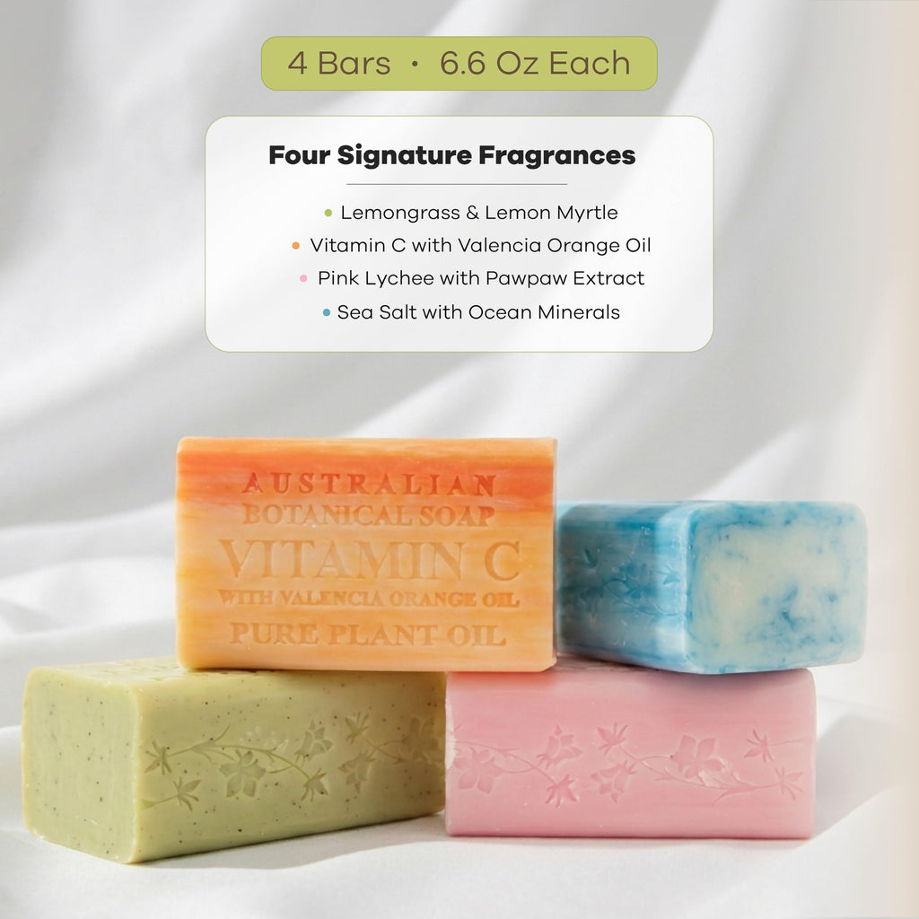 Australian Botanical Soap Vegan Friendly 4 Bar Variety Pack – Sea Salt, Lemongrass, Pink Lychee & Valencia Orange, Triple Milled 6.6 oz Bars with Shea Butter