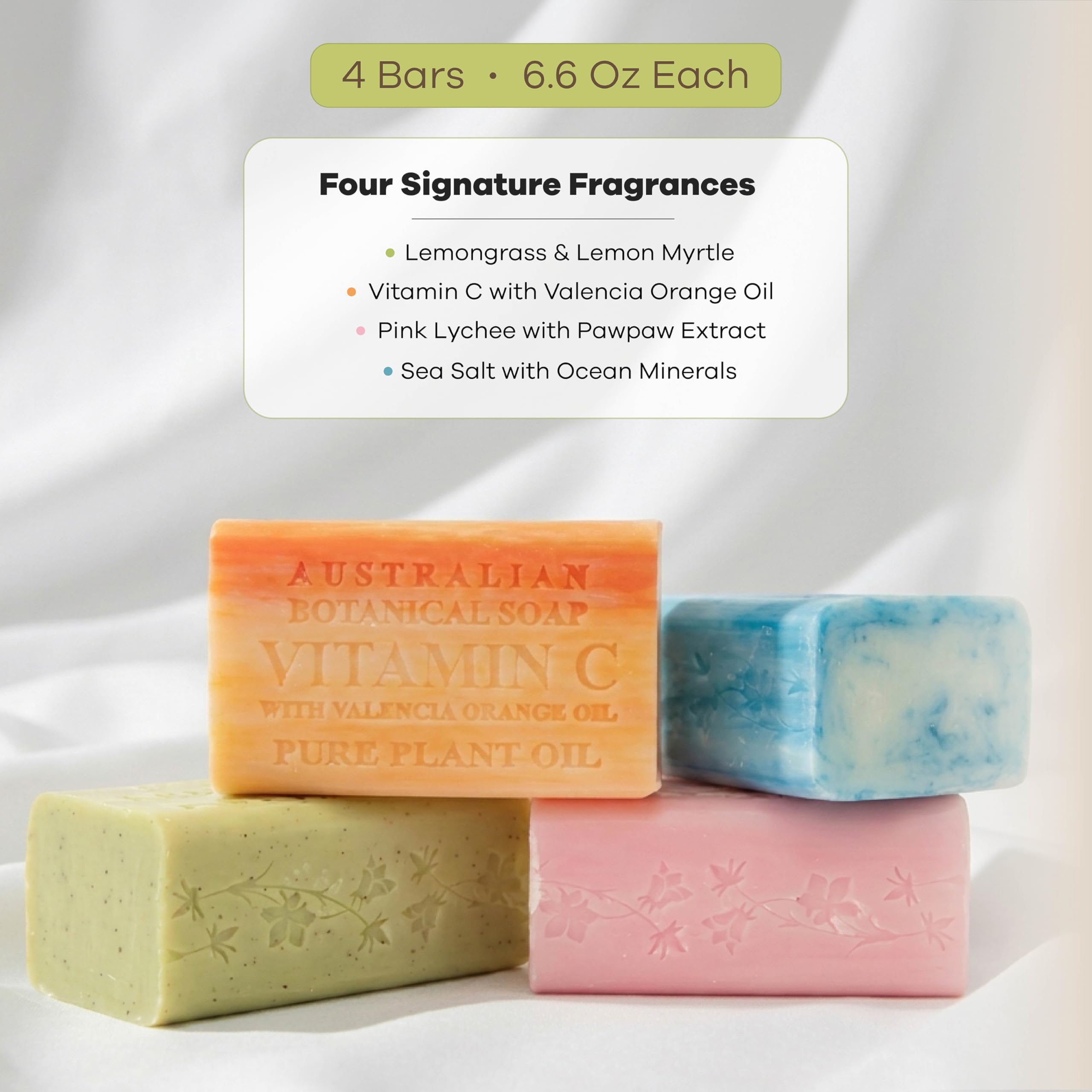 Australian Botanical Soap Vegan Friendly 4 Bar Variety Pack – Sea Salt, Lemongrass, Pink Lychee & Valencia Orange, Triple Milled 6.6 oz Bars with Shea Butter