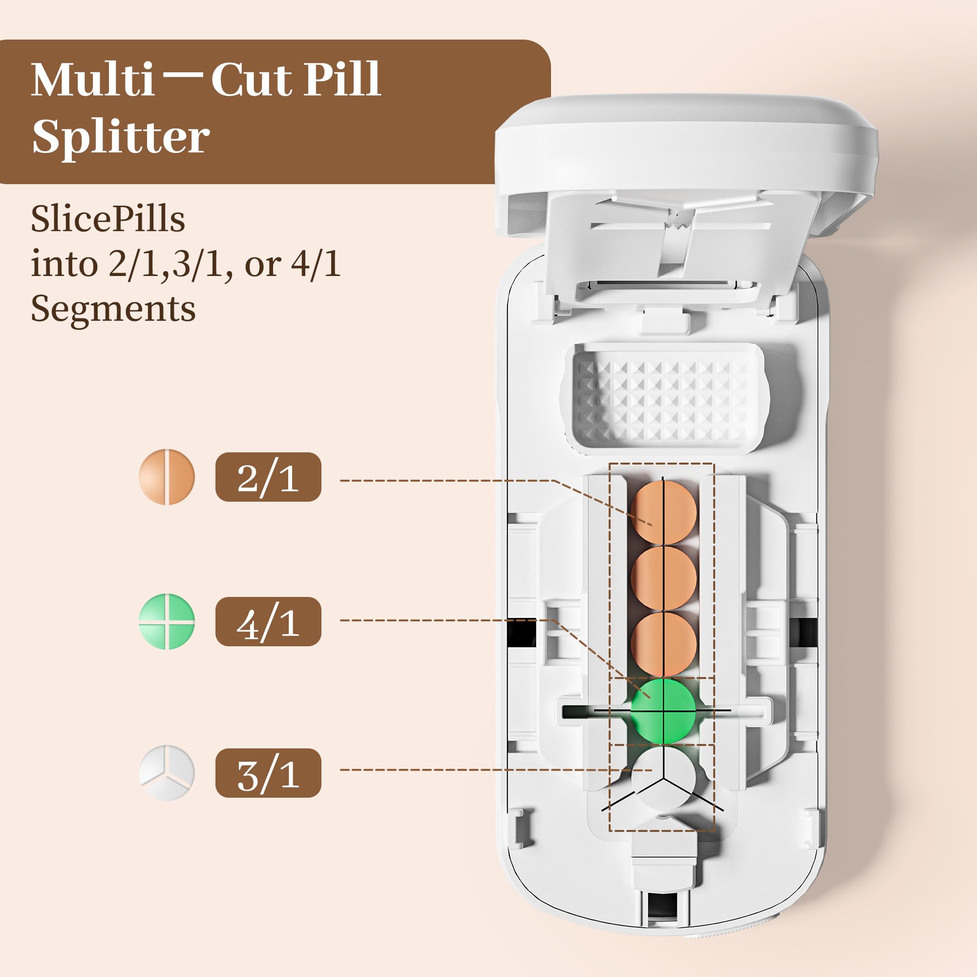 Pill Cutter Splitter for Small and Tiny Pills, Cuts into 1/2 1/3 1/4 Pills