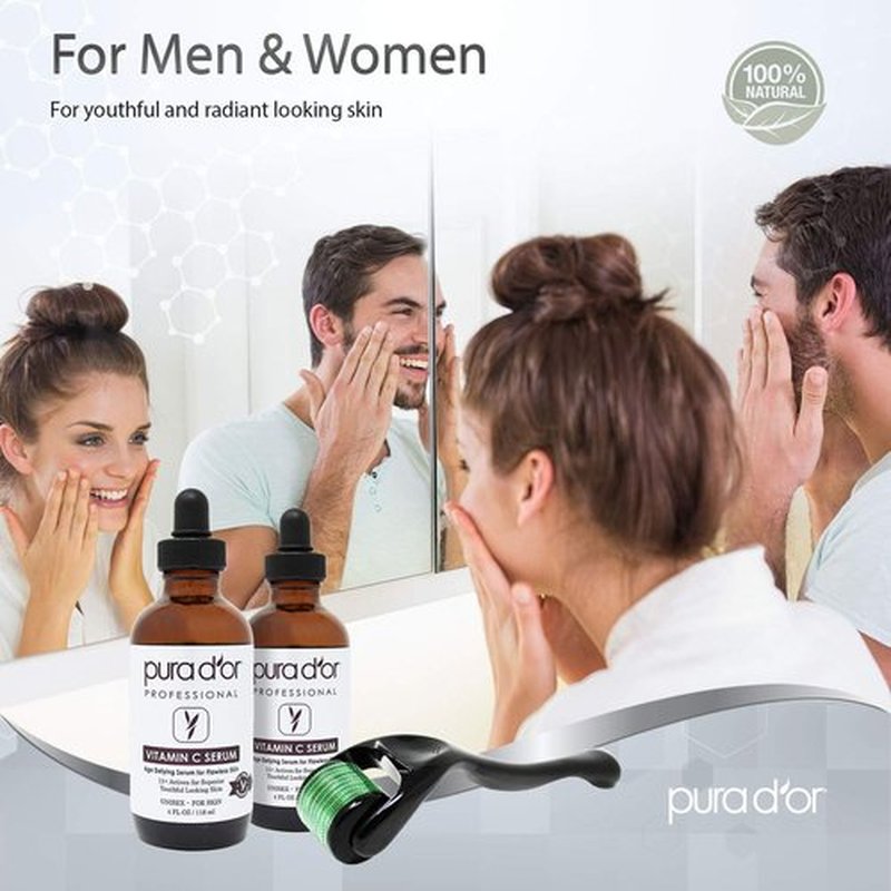 PURA D'OR 25% Vitamin C Serum 4 Oz + 0.25mm Derma Roller Set - Hyaluronic Acid & Retinol Microdermabrasion Skin Care Cosmetic Kit For Face & Eyes, Dark Spots - For Men & Women