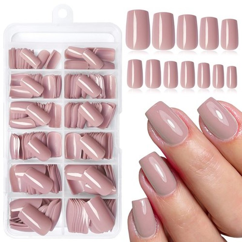 LoveOurHome 240pc Square Press on Nails Medium Fake Nails with Glue & Tabs, Medium Nails Press on Nails Square Acrylic Nails Nude Tan Glue on Nails False Nails Artificial Fingernails Stick on Nails