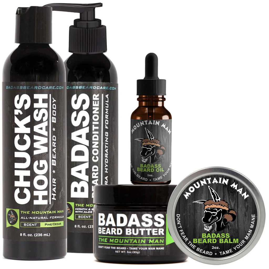 Badass Beard Care Complete Beard Care Kit - 5 Full Size Essentials - Includes Beard Oil, Beard Balm, Beard Butter, Wash and Conditioner - Promotes Fuller & Thicker Beard Growth (The Mountain Man)