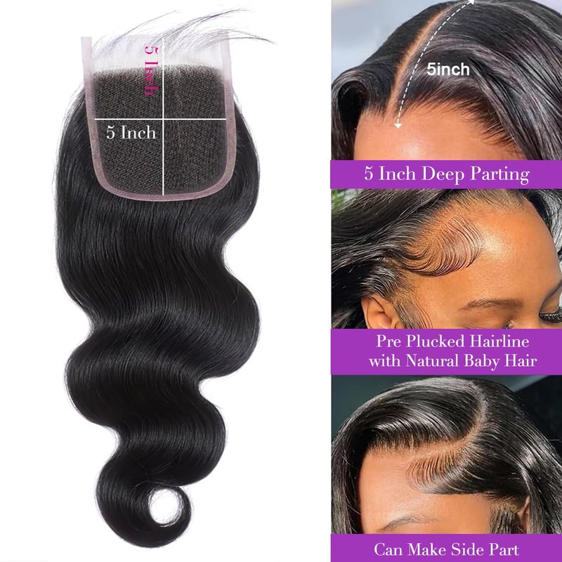 XSY 5x5 HD Lace Closure Body Wave Transparent Lace Closure 12 Inch Brazilian Virgin Human Hair Pre Plucked with Baby Hair Free Part Natural Black