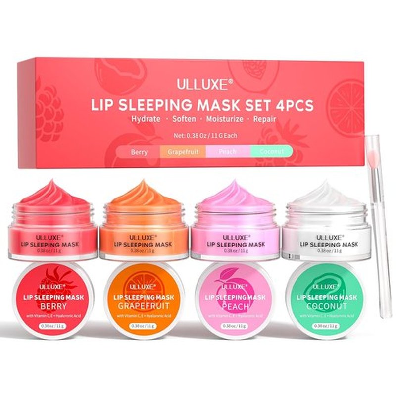 Skiennix Lip Mask Set - 4 Pcs Overnight Lip Care Gift for Women & Teens | Hydrating Shea Butter & Hyaluronic Acid
