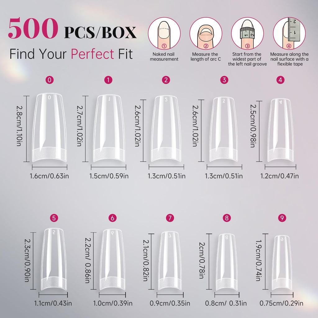 krofaue French Nail Tips - Acrylic Soft Gel False Tips 500PCS Half Cover Square Fake Nails for Women Half Matte French Tip Press on Nails 10 Sizes