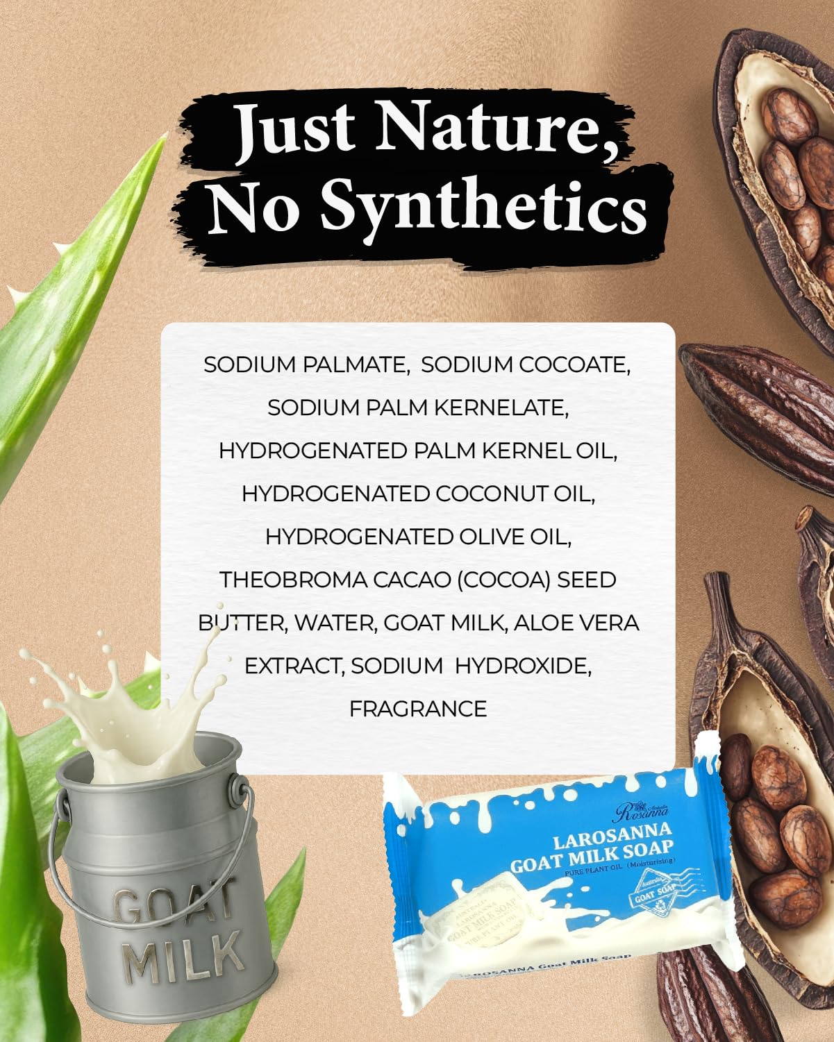 larosanna Australian Goat Milk Soap Pack of 1,Helps Moisturize,Smooth & Cleanse Skin,Triple-milled Bar Soap with Cocoa Butter,Aloe Vera and Pure Plant Oil,Body Soap Bars 6.3 oz for Adults & Babies