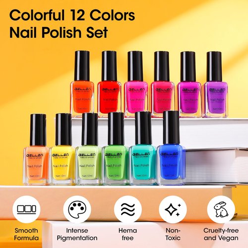 Gellen Bright Neon Nail Polish, Quick Air Dry Regular Nail Polish Vibrant Rainbow 10ml 12-Color Set for Finger Toe Nails Salon Home, TPO & HEMA Free Non-toxic, Red Pink Blue Green Purple Orange Yellow