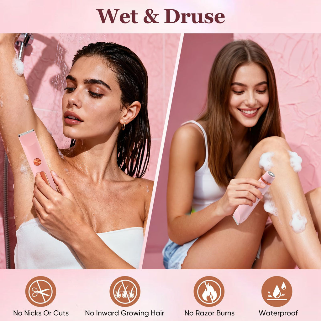2-in-1 Women's Bikini Trimmer, Dual-Head Facial Shaver & Body Trimmer, IPX7 Waterproof Design Wet & Dry Use
