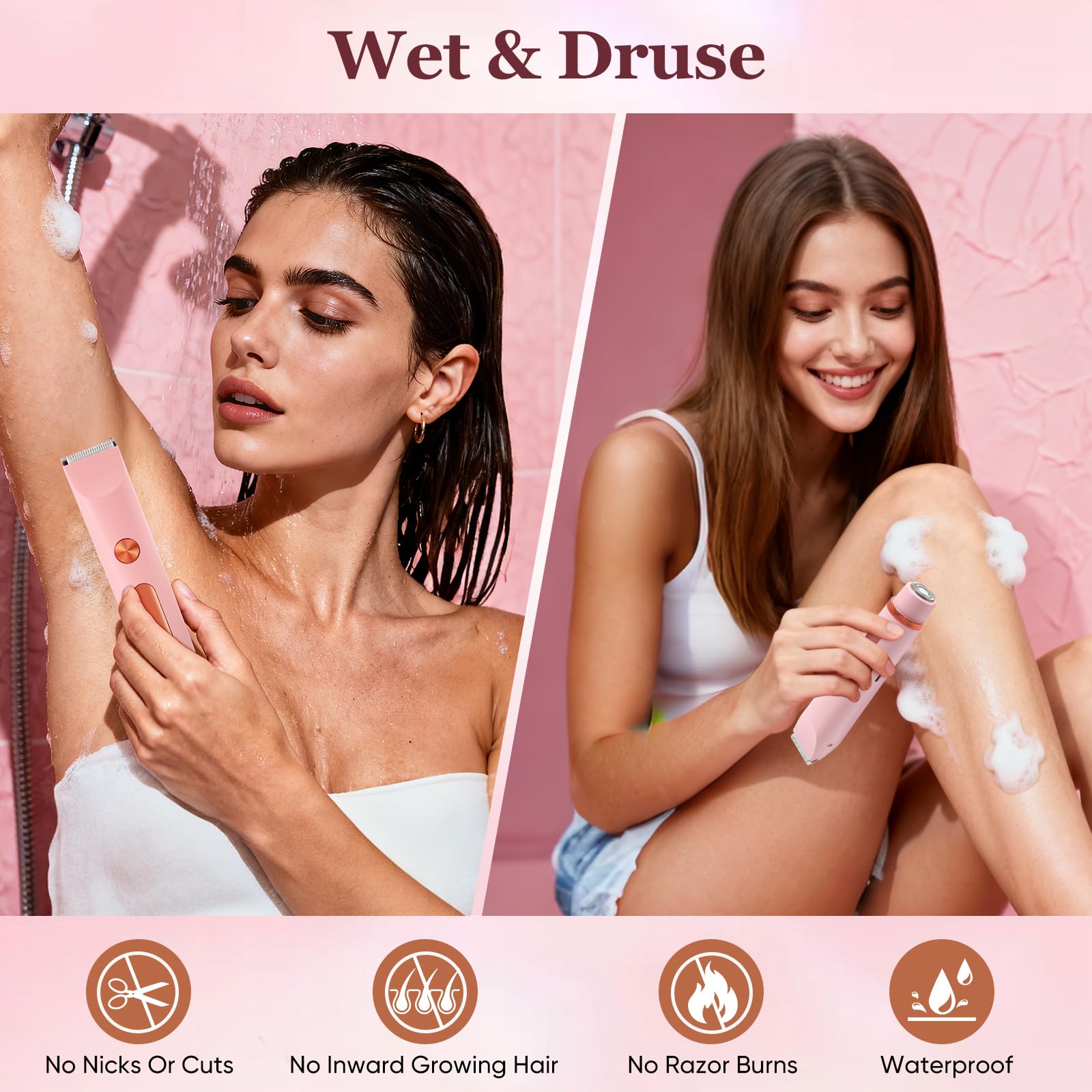 2-in-1 Women's Bikini Trimmer, Dual-Head Facial Shaver & Body Trimmer, IPX7 Waterproof Design Wet & Dry Use