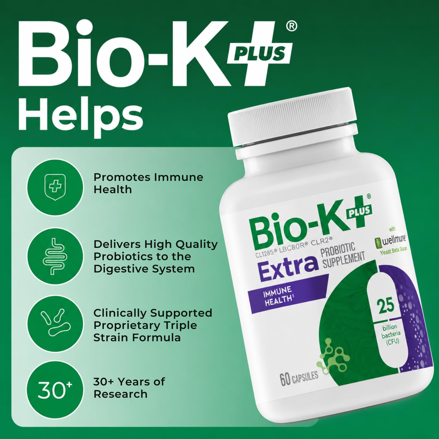 Bio K+ Probitotic for Immune Health with Wellmune® Delayed Release Probiotic Supplement Immune & Digestive System, 25 Billion CFU, Vegan, Shelf-Stable – 60 Capsules