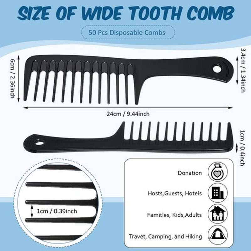 Baderke 50 Pcs Combs Individually Wrapped 9.45 x 2.36 Inches Wide Tooth Combs Disposable Detangling Large Salon Hair Paddle Brush Detangler for Men Women, Black
