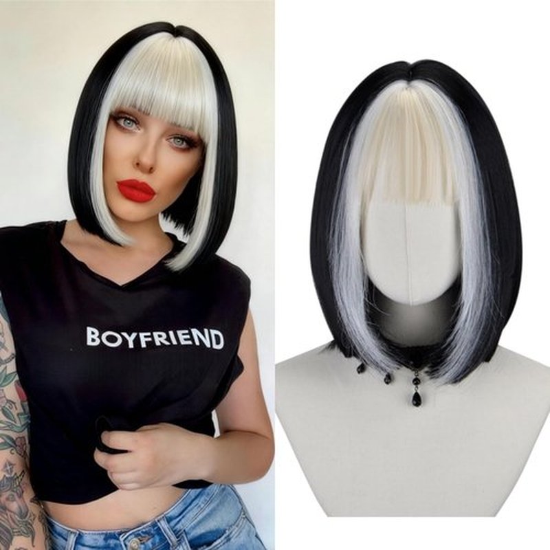 FREE BEAUTY Black Bob Wig with Bangs Short Black Straight Wig for Women Bob Shoulder Length Wigs Heat Resistant Fiber Synthetic Hair Wigs Hair Replacement Natural Looking 12inch